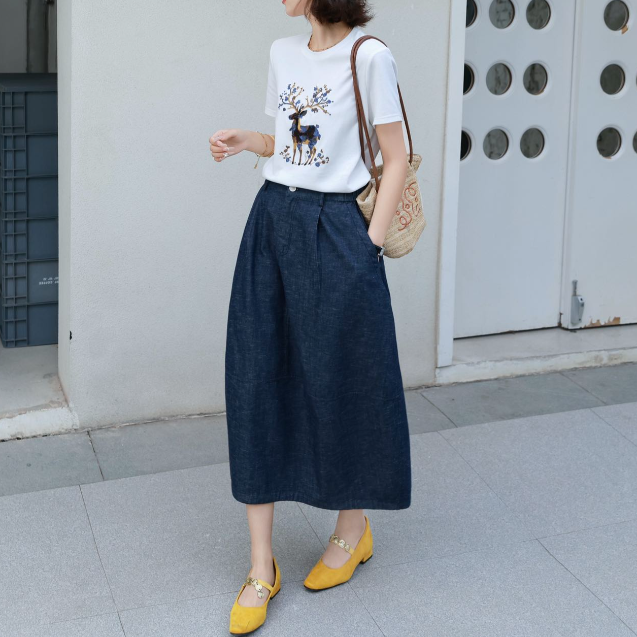 【苗姐衣橱】25夏 减龄百搭小鹿刺绣T恤半裙两件套裙25097