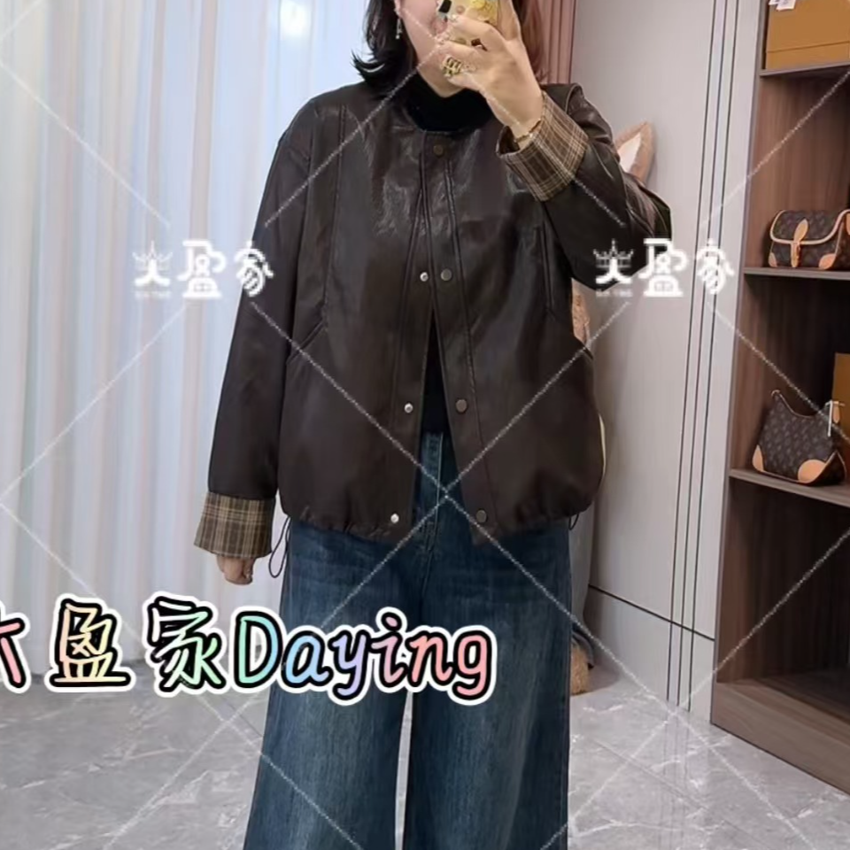 “Daying”25018格子袖爆款圆领皮衣外套
