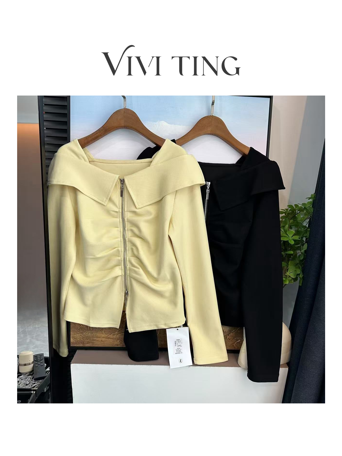 【VIVI·TING】婷姐推荐休闲百搭新款纯色前褶皱一字肩双拉链上衣s03