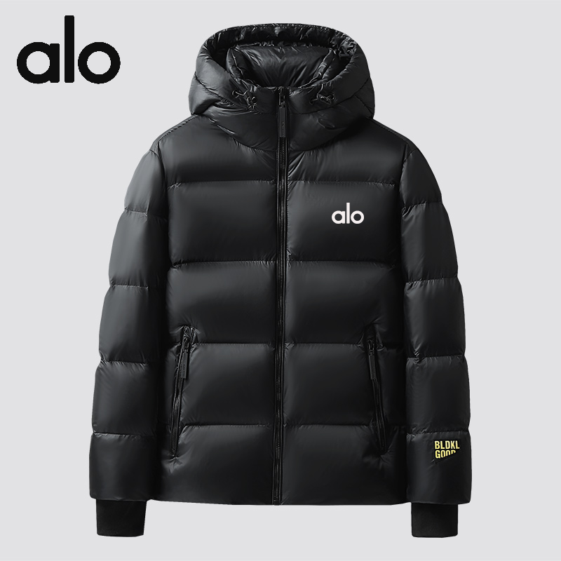 alo黑金羽绒服90鹅绒男款冬季短款连帽潮流2025新款情侣加厚外套