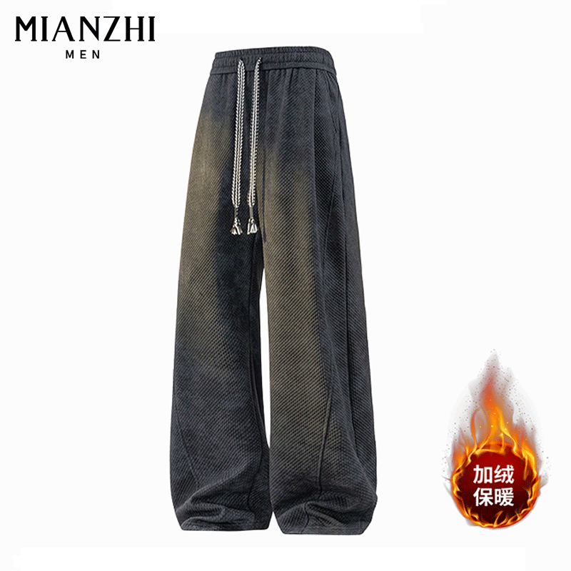 棉致潮牌美式扎染休闲裤加绒保暖长裤秋冬男士大码直筒提花脏脏裤