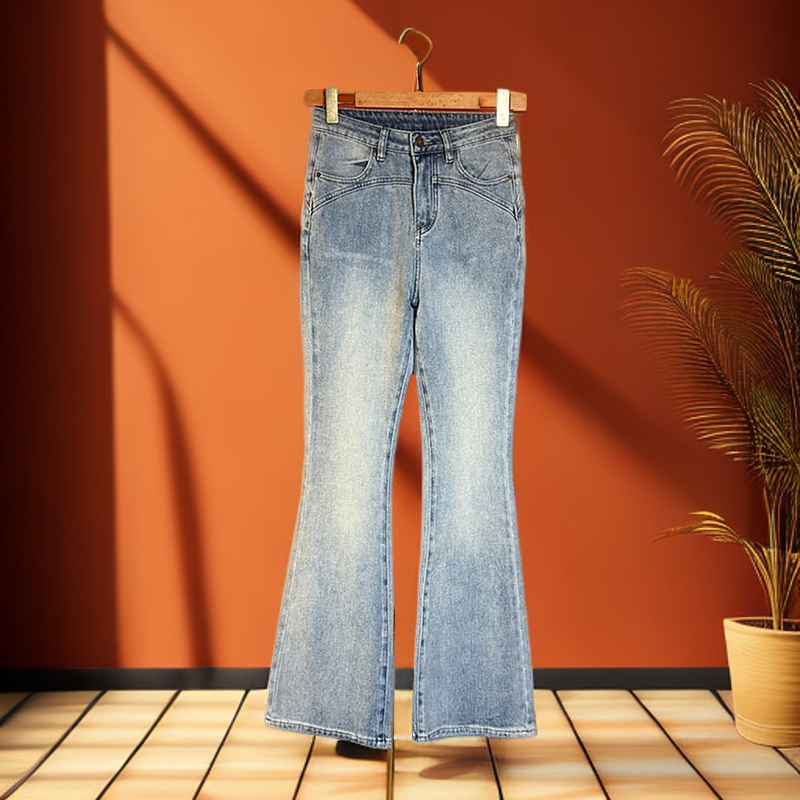 撤柜欧版 竹节复古蓝水洗做旧微喇牛仔裤女装2025年春季新款
