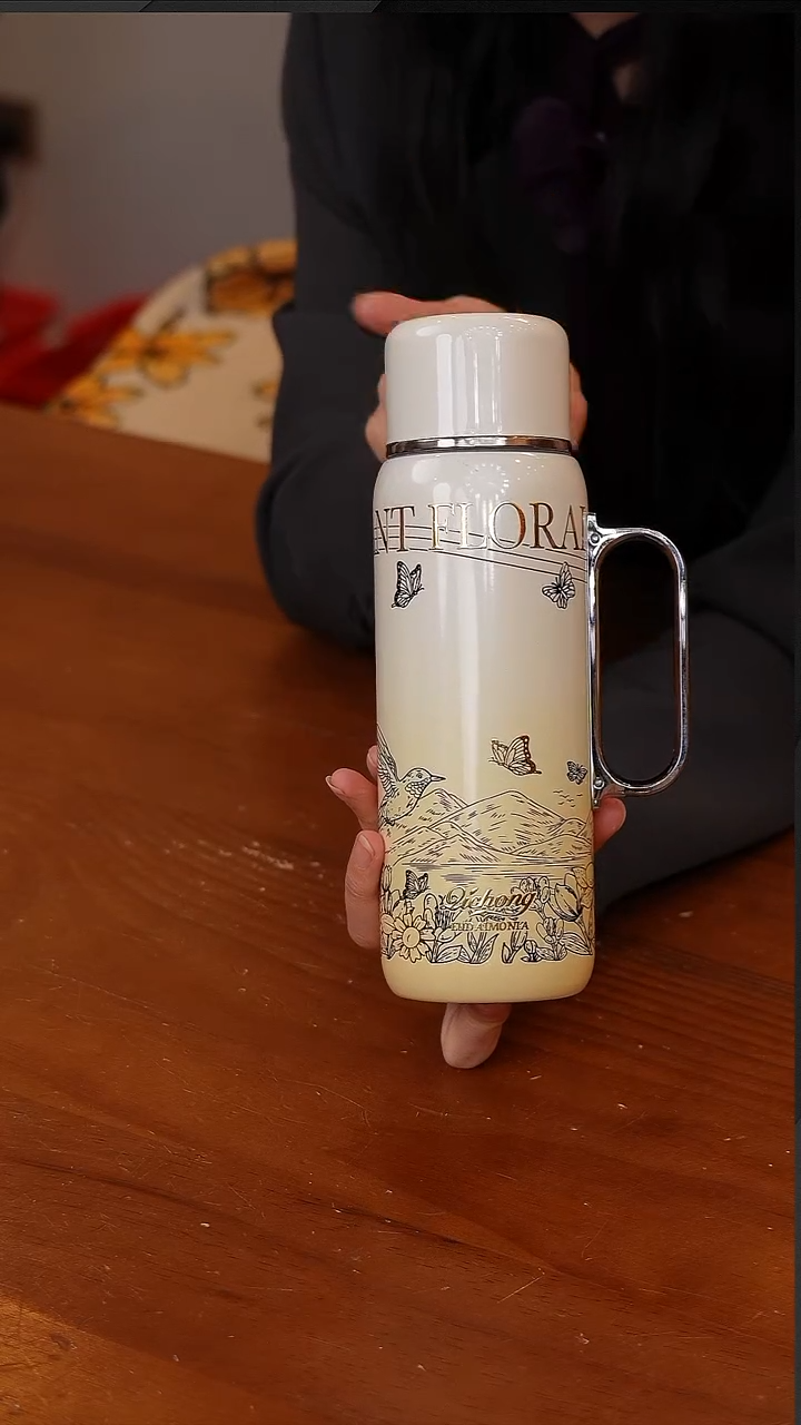 陶88-繁花纯钛不锈钢保冷保温壶500ml-淡雅黄