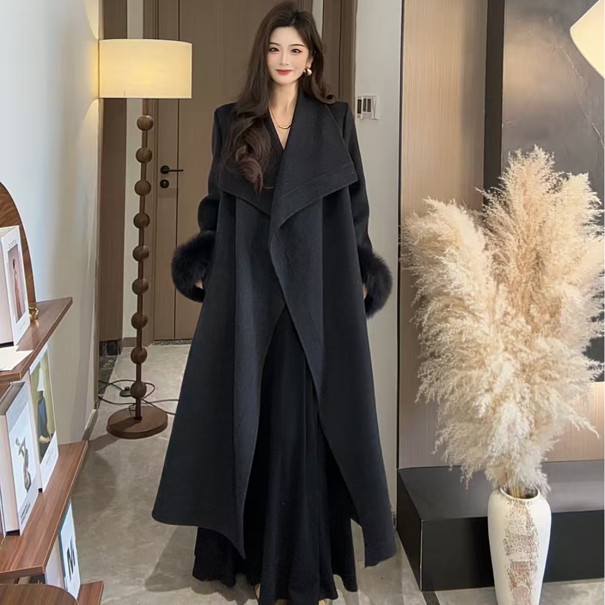 欧美风格宽松型长款女老钱风毛呢外套长款款时尚毛呢冬季设计师