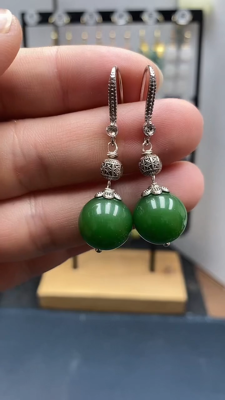 银S925镶嵌和田玉耳饰尺寸14mmA3