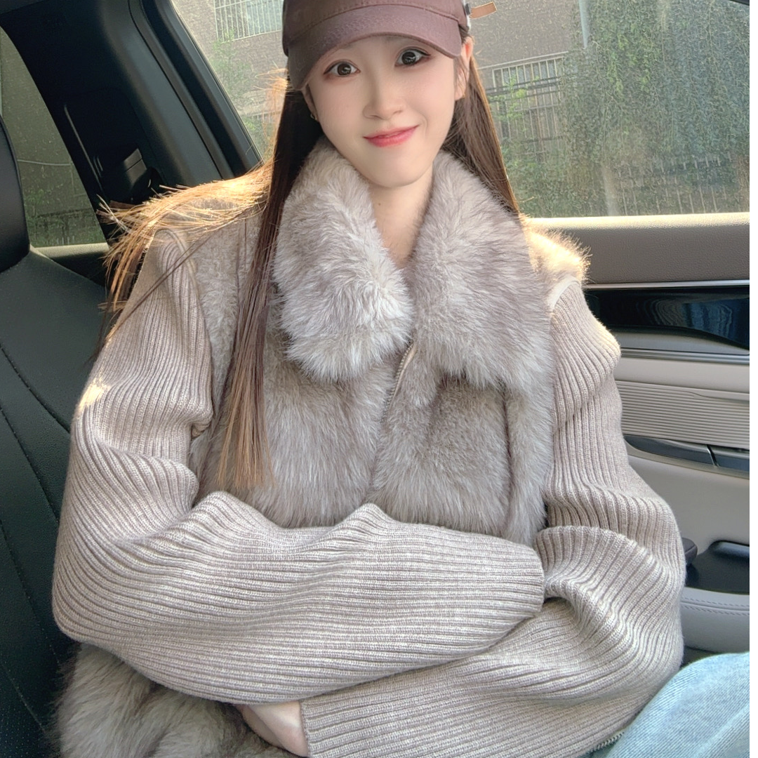 【喜欢BUYIT就买】女装厚款拉链针织拼接百搭宽松型INS风毛毛短外套