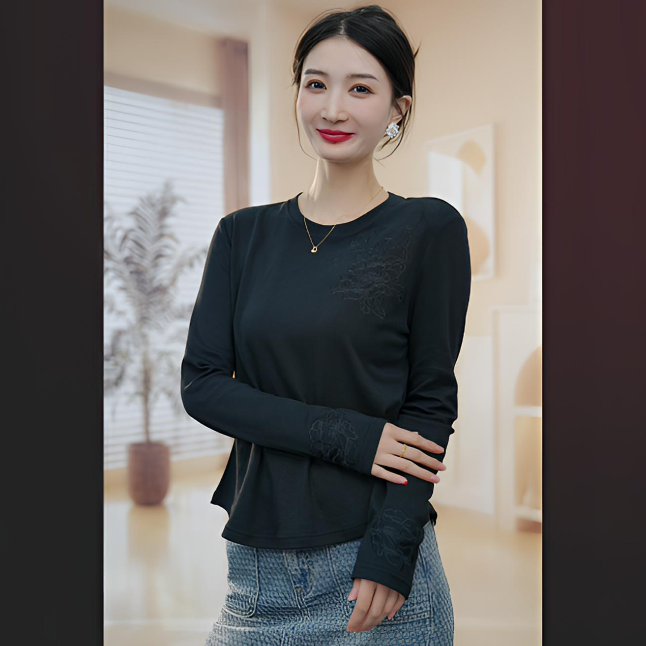 【月下客】100%新疆长绒棉山茶花苞刺绣T恤打底25981