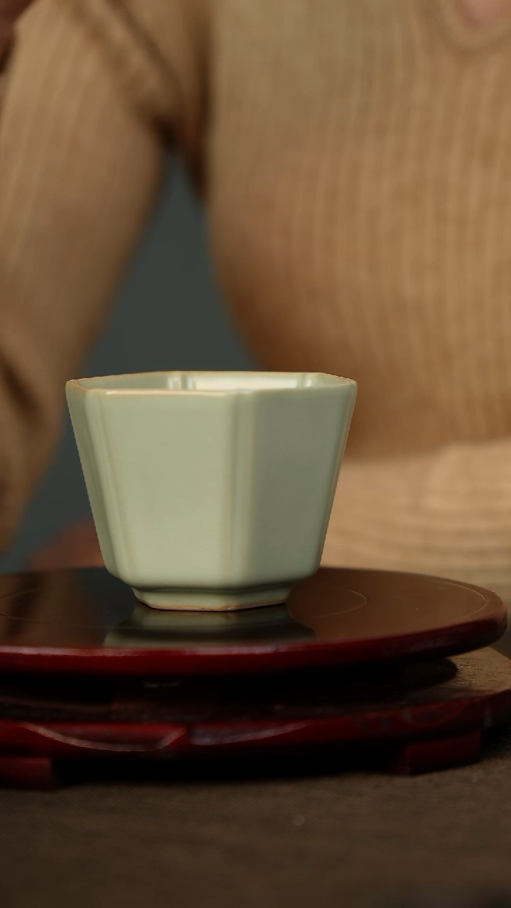 全品 粉青 六方杯 带底款