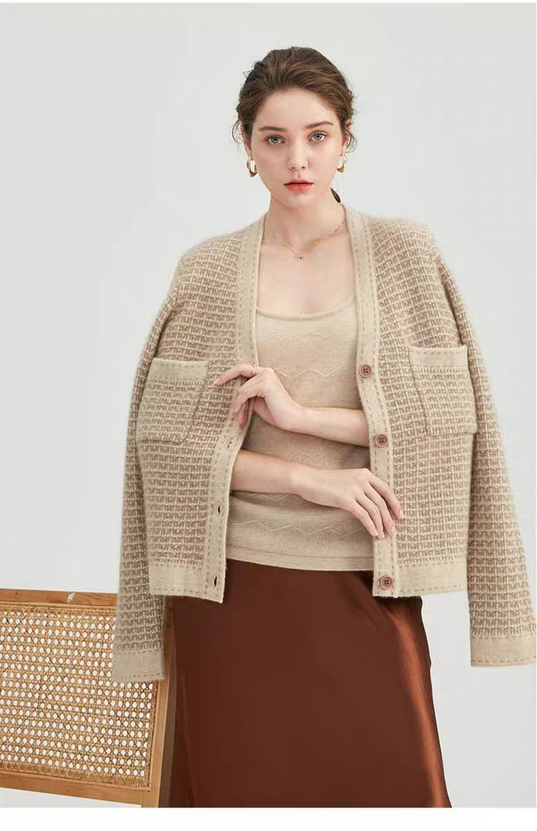 断码 清仓 小香风V领拼接开衫100%羊毛开衫