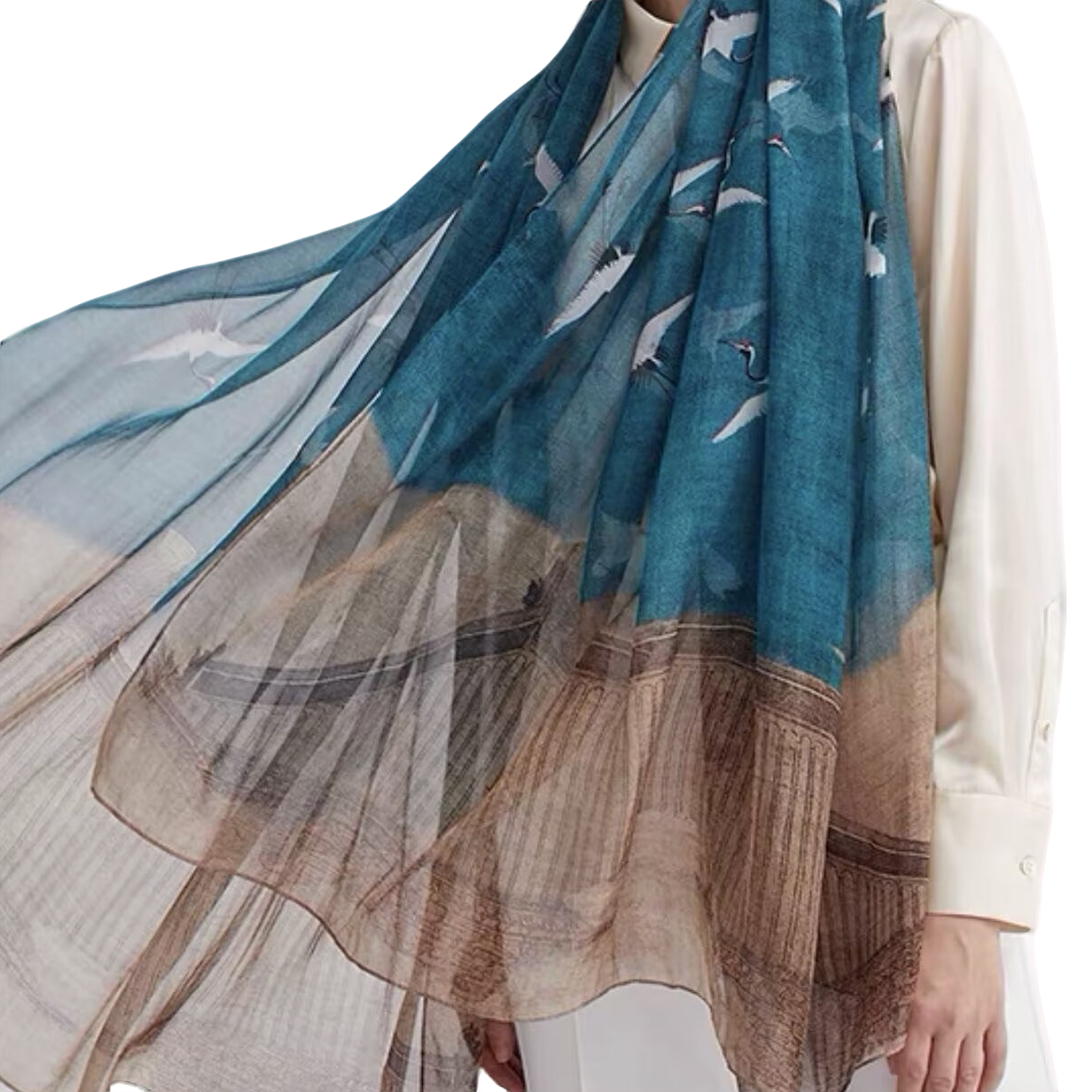 100%桑蚕丝大长巾绘画工艺轻奢高端女士桑蚕丝围巾送礼