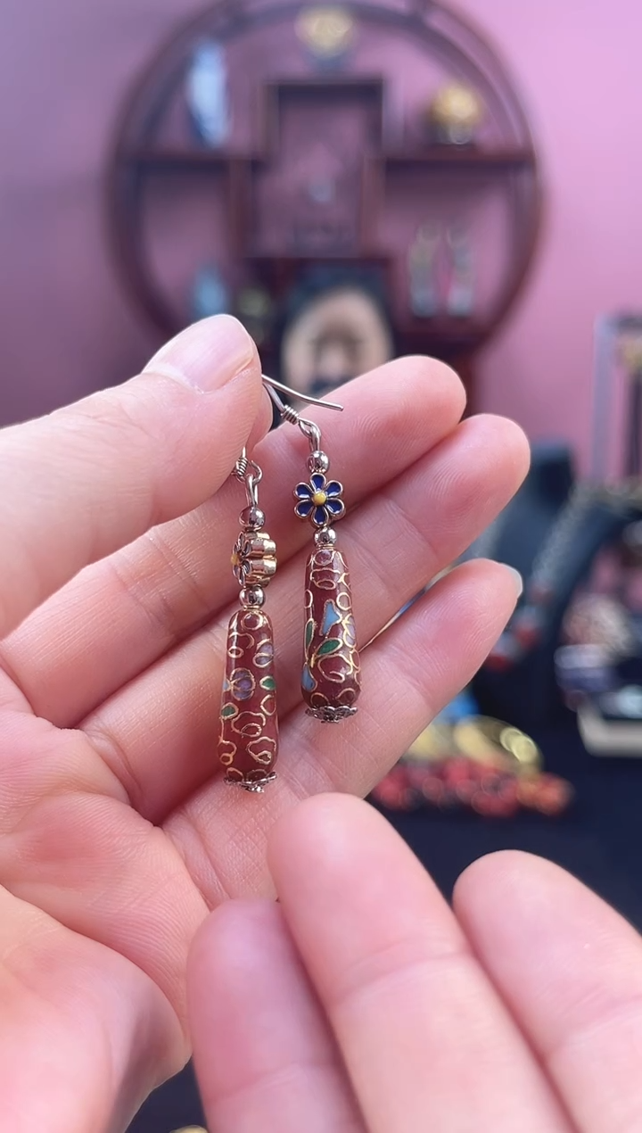 非遗 景泰蓝耳饰 砖红