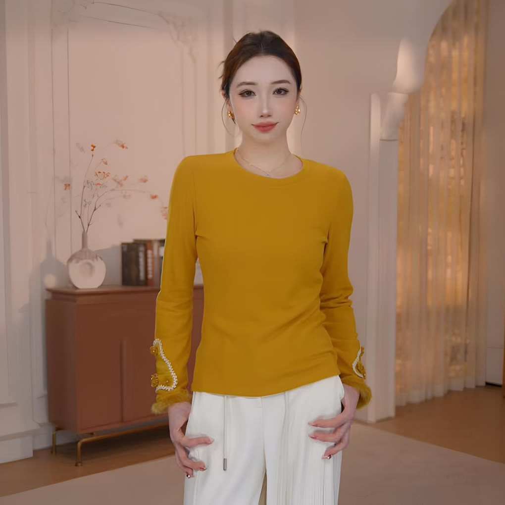 长袖显瘦修身拼接女士时尚新中式圆领T恤立体装饰