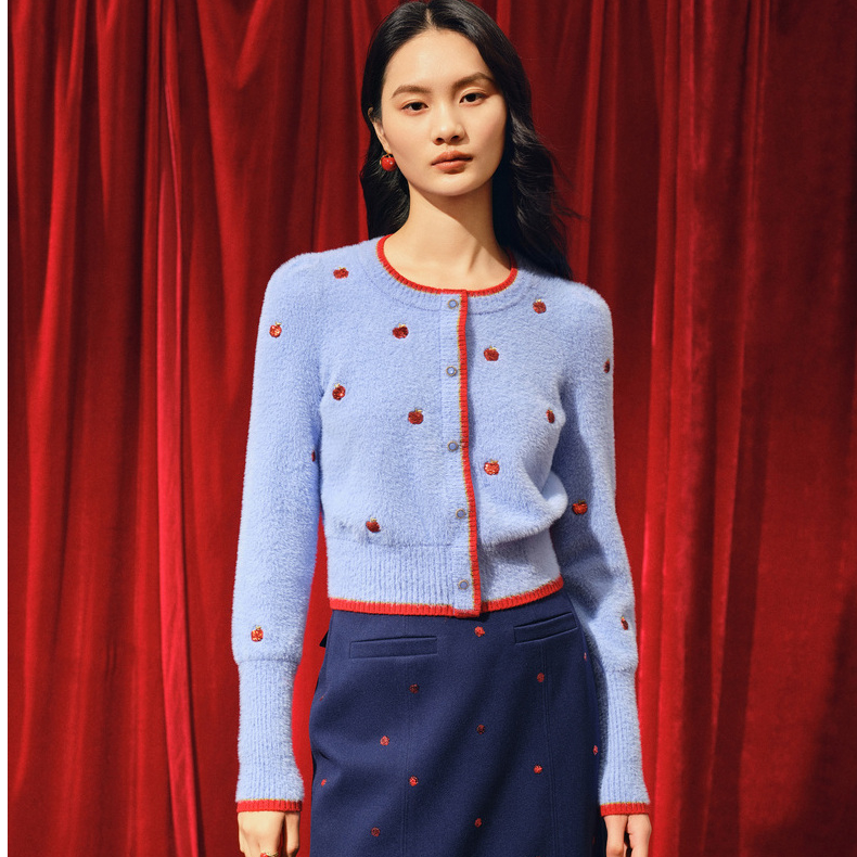 MAXRIENY优雅复古红蓝撞色毛衫