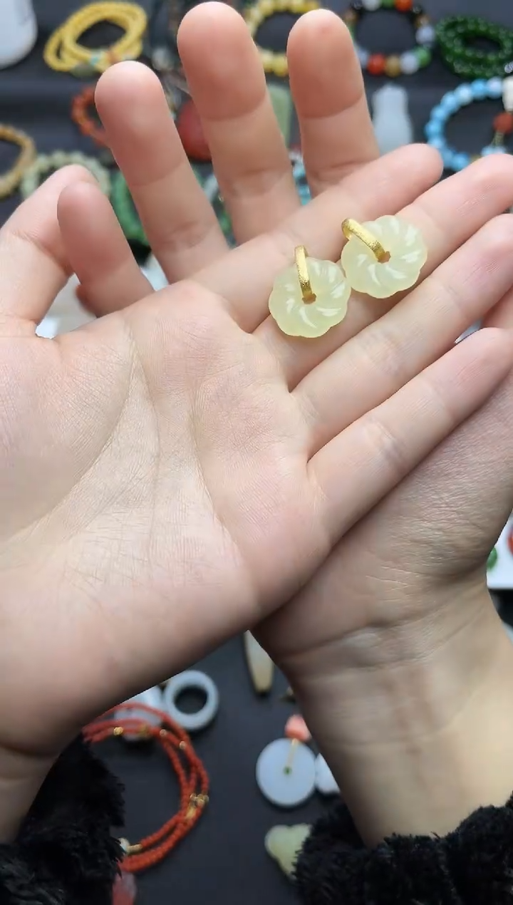 银S925镶嵌和田玉耳饰黄口麻花耳钉06