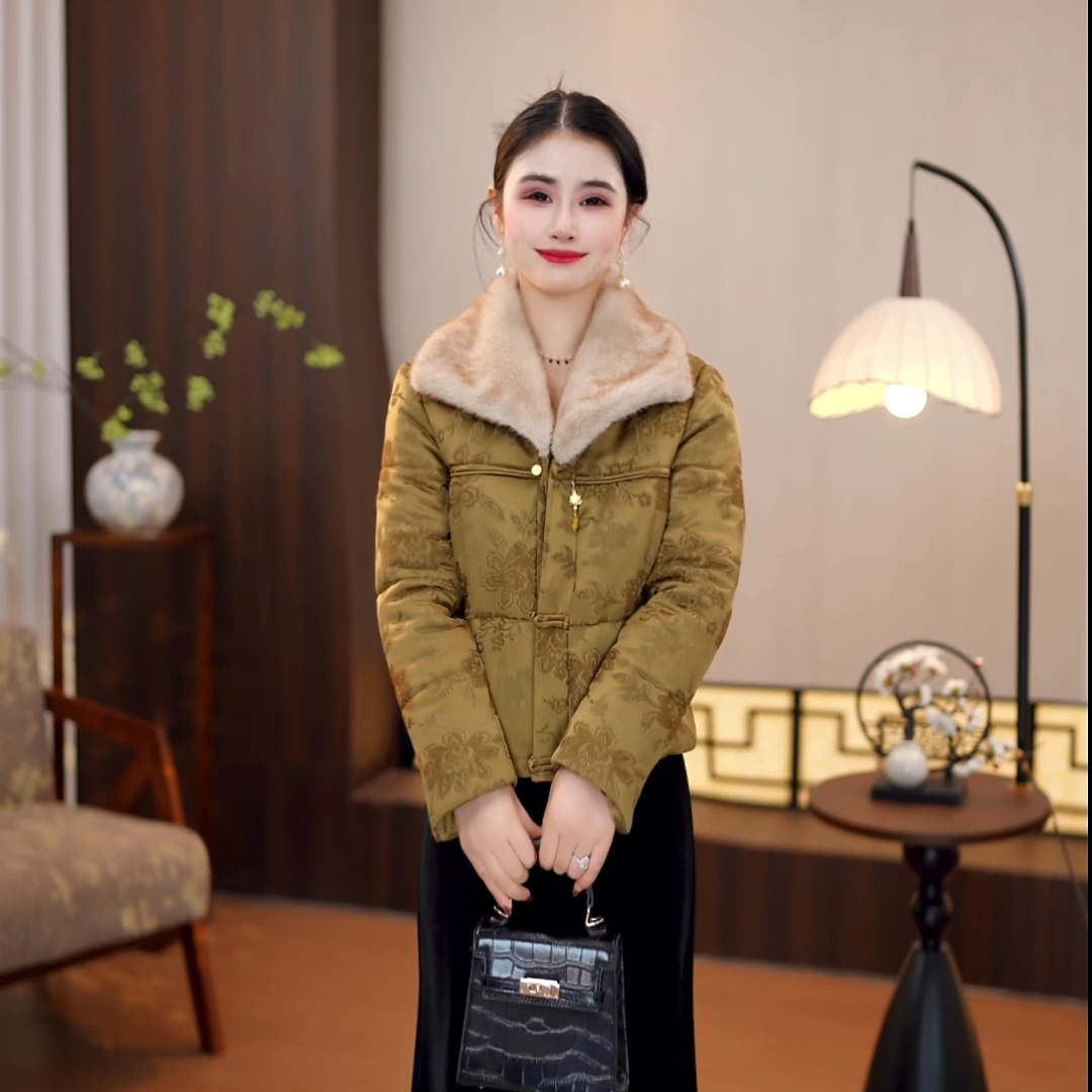 2025冬款新中式秋香黄绒翻领国风加厚保暖外套M-4XL