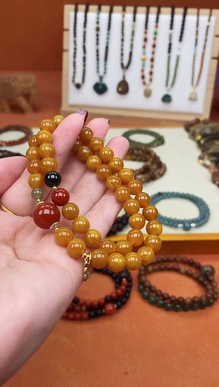 手链蜜蜡未镶嵌双圈蜜蜡和田南红手串