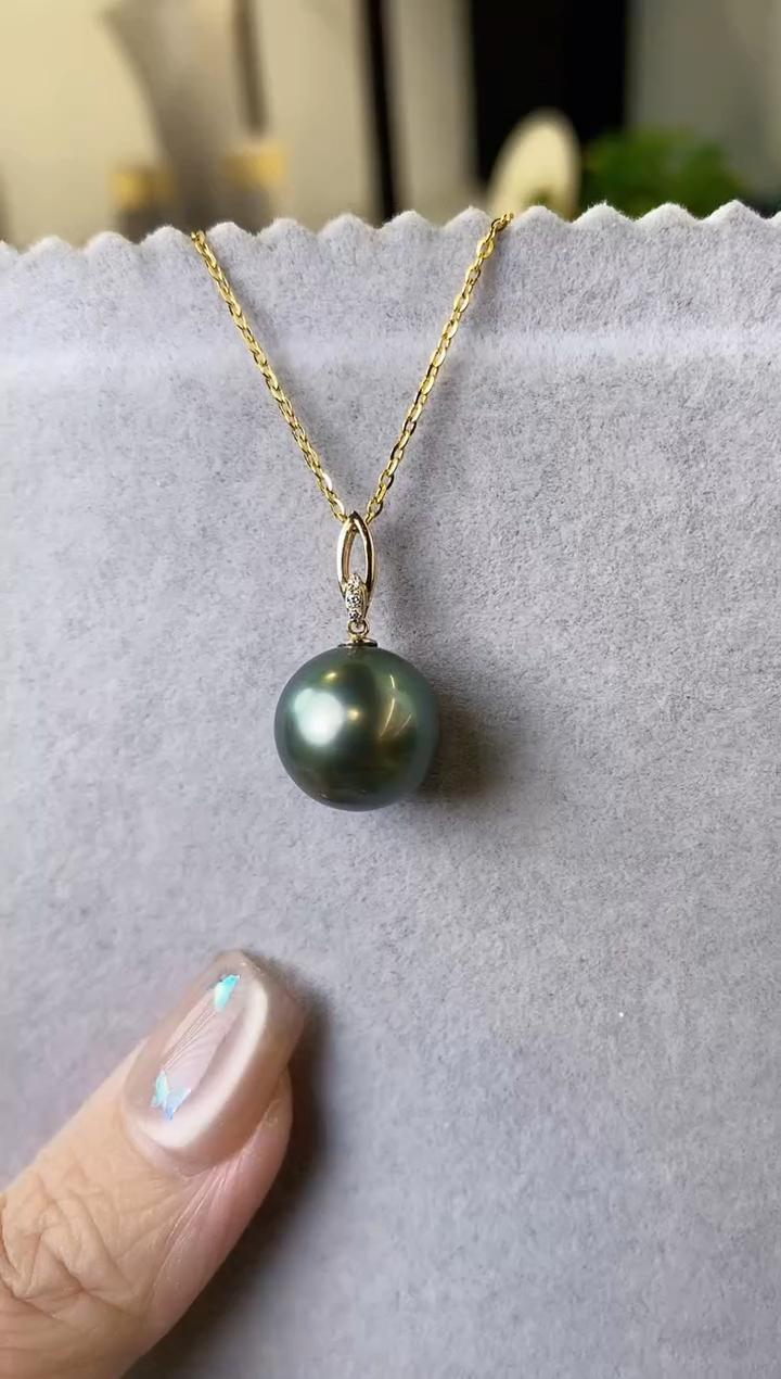 【闪购商品】海水珍珠吊坠(赠链)18K金镶嵌12-13大溪地黑珍珠吊坠