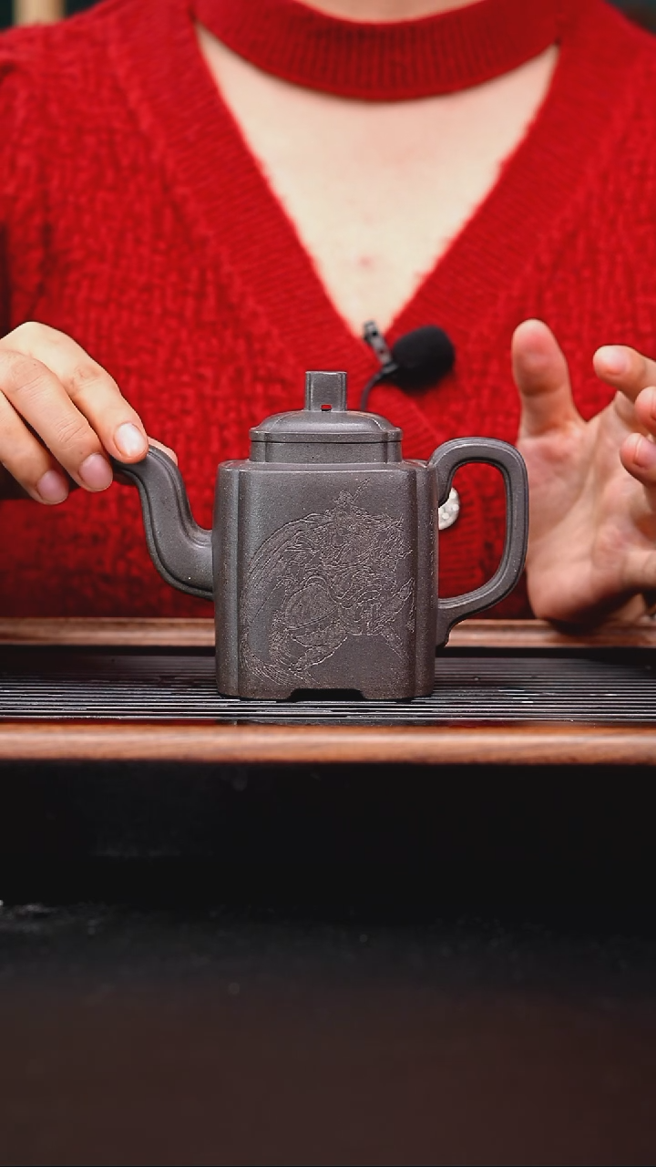 茶壶紫砂全手工天青励成四方刻绘320