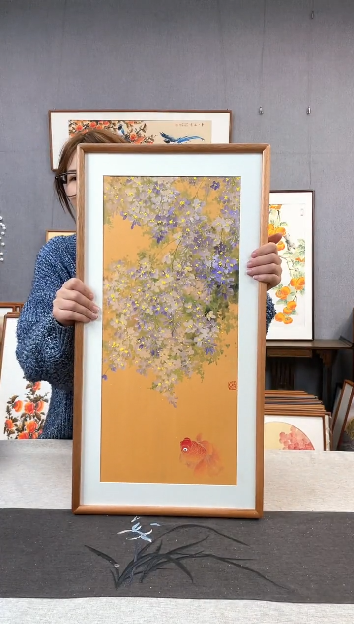 【闪购商品】国画闫冬雪-手绘带框作品-35*68-紫藤