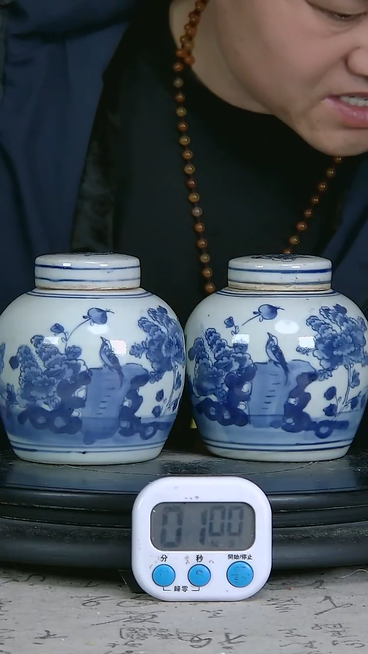 陶江**斗青花精绘花鸟图罐一对
