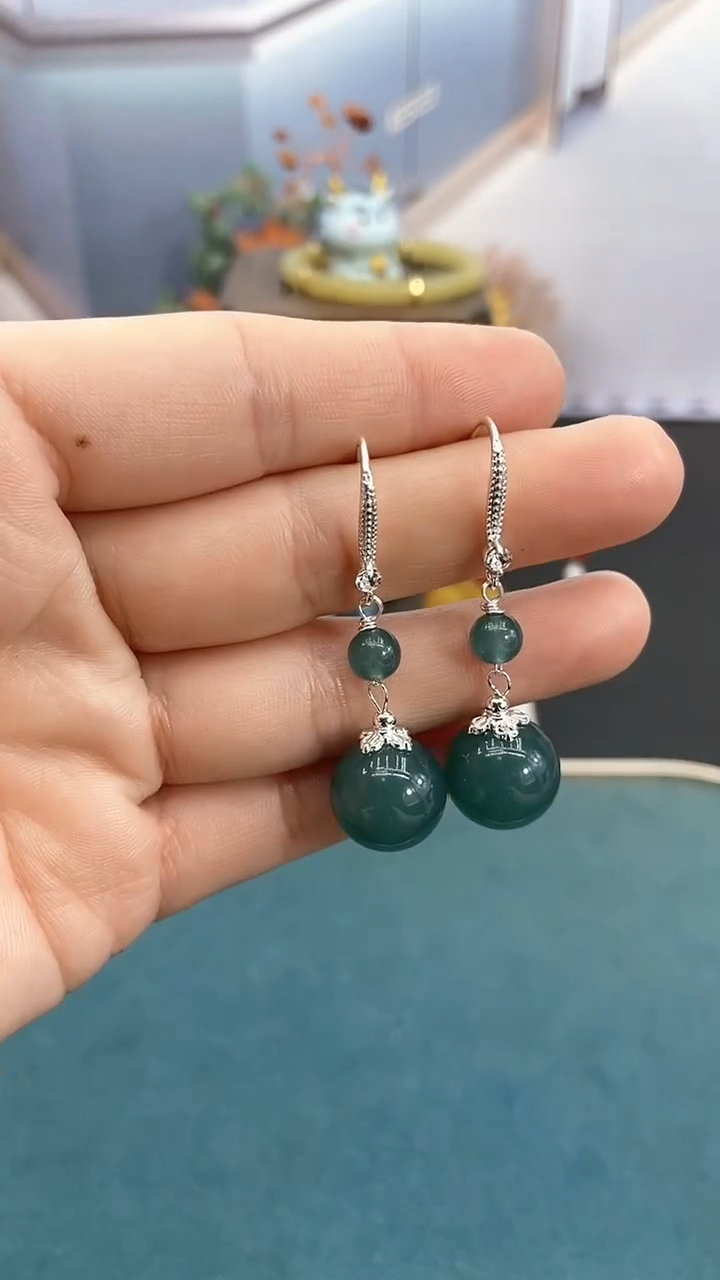 银S925镶嵌翡翠耳饰14mm蓝水双珠