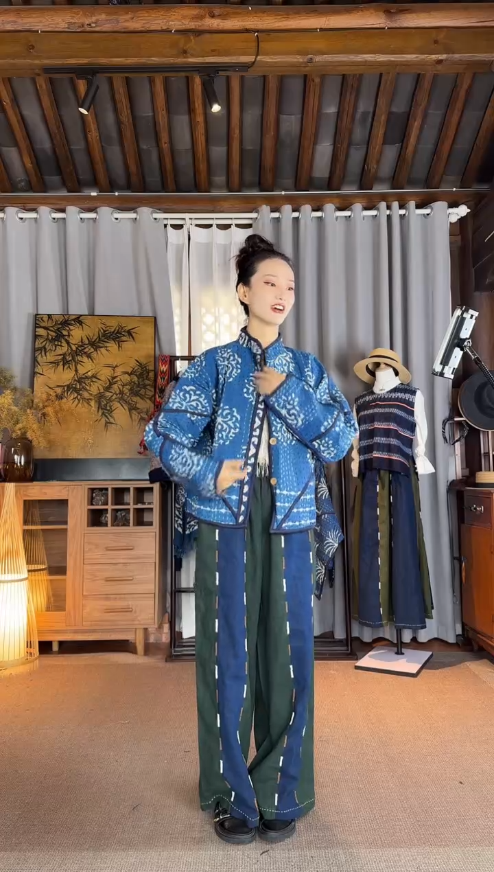 设计师款蓝色刺子绣拓印外套