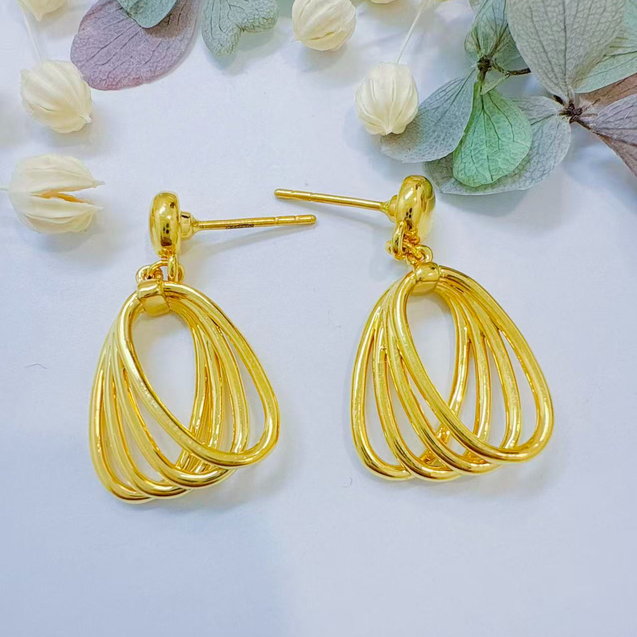 金灵王时尚黄金足金5D无氢工艺椭圆耳饰多层复古简约轻奢气质