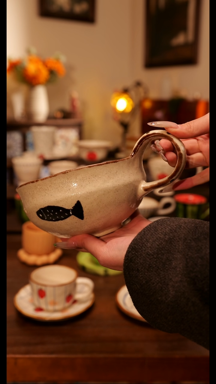 陶便携款粗陶小鱼碗  