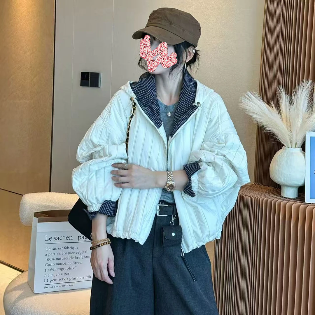 2025连帽格子拼接绗线棉服外套早冬季新款时尚百搭休闲女士