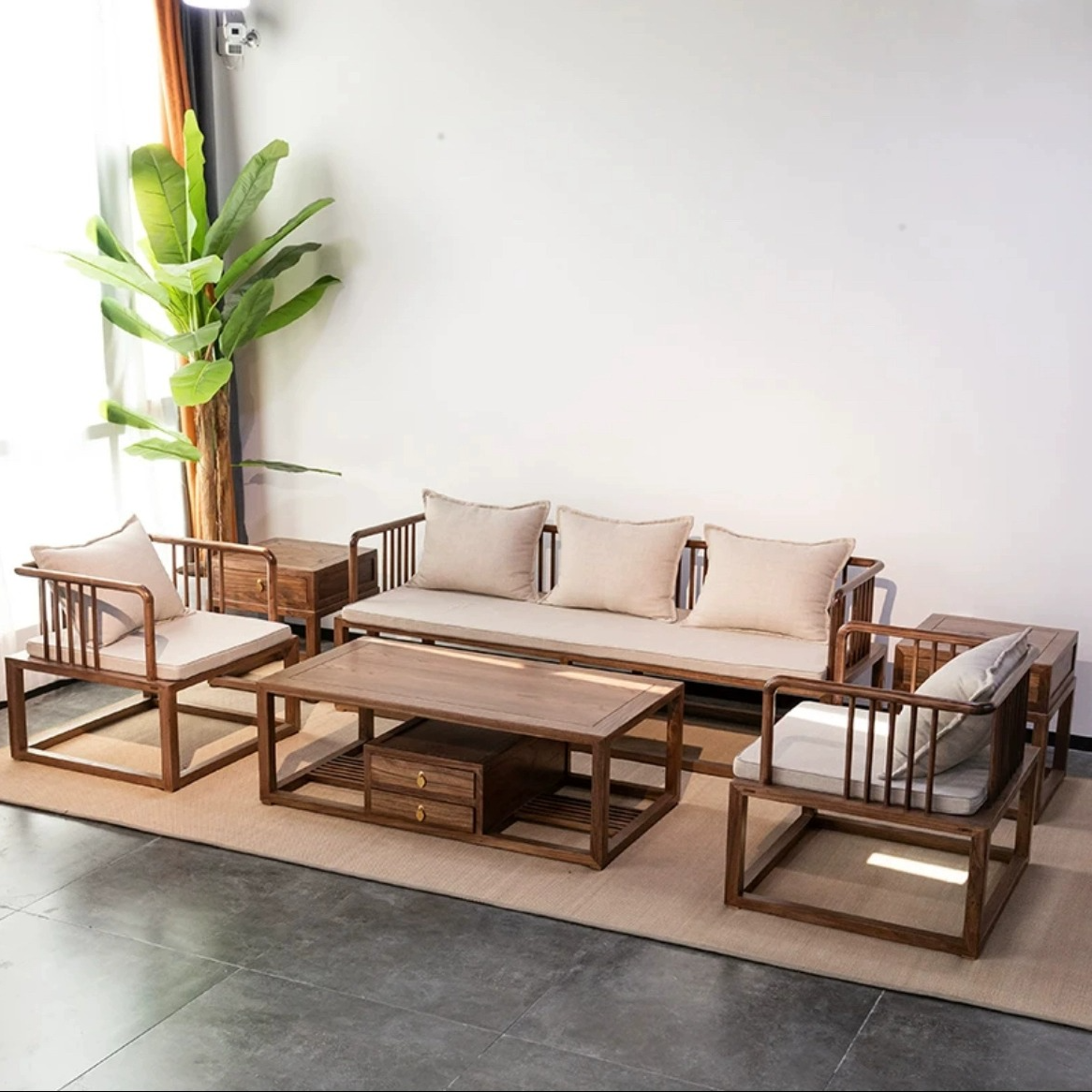 新中式沙发组合全实木简约黑胡桃色老榆木客厅禅意家具酒店民宿