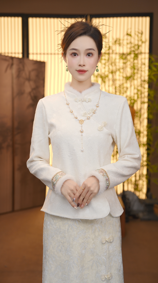 CJ【春日】秋冬季新款中式提花精致百搭上衣拼接水貂毛FB2512211