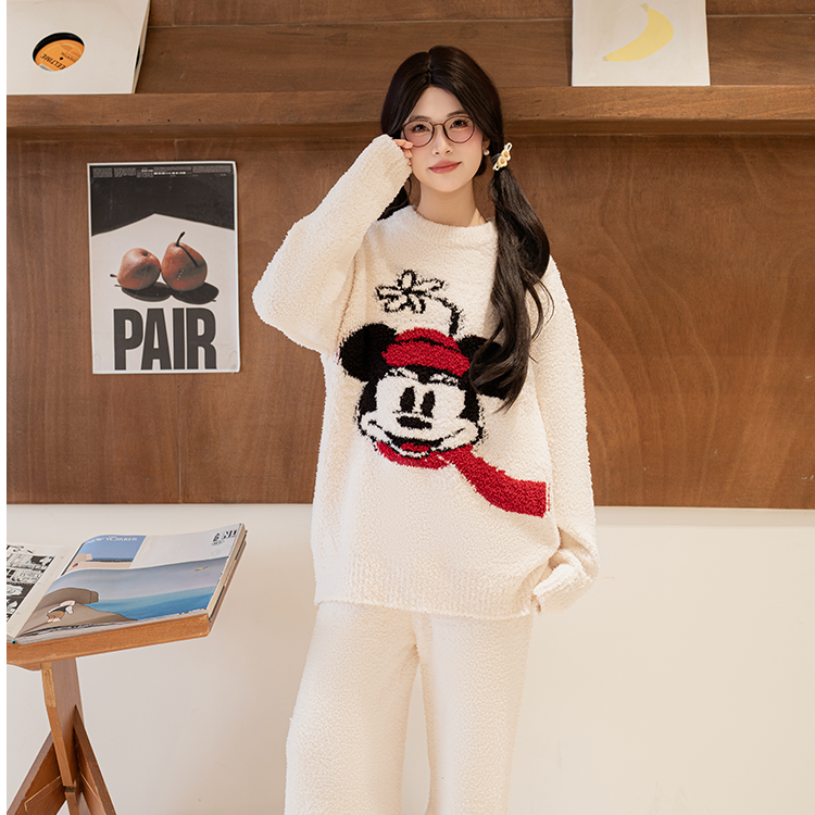 Disney/迪士尼保暖冬季长袖加厚半边绒女士睡衣可外穿家居服套装