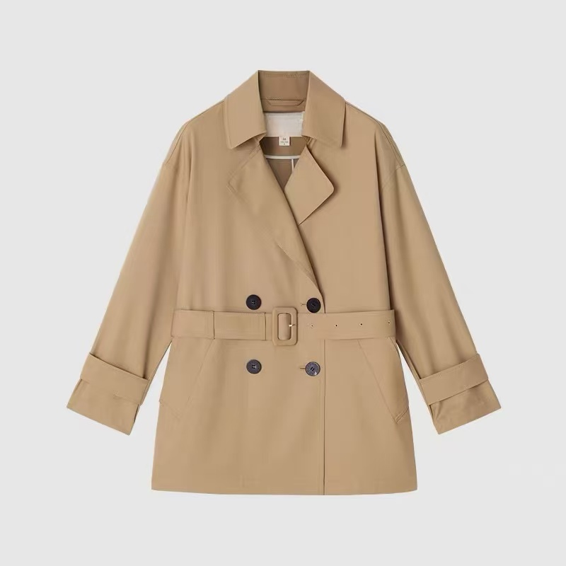 H136女装春新款丝羊毛平纹布双排扣露珠风衣