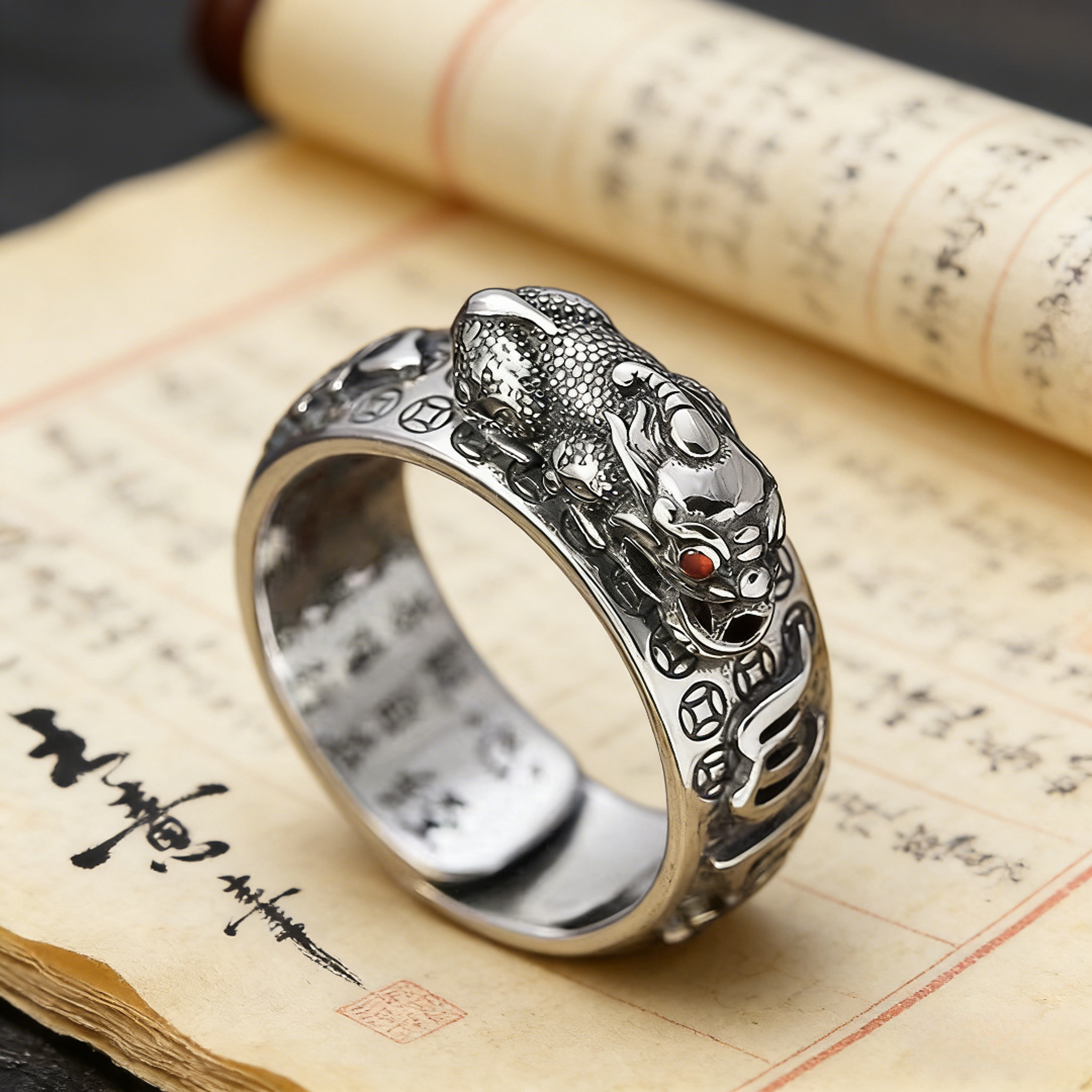 925银戒指 复古貔貅戒指开口可调节六字真言个性霸气指环新年礼物