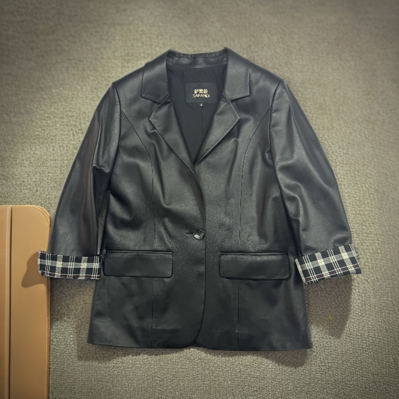 秋季绵羊皮时尚西服休闲黑色女士百搭春秋真皮中长款修身