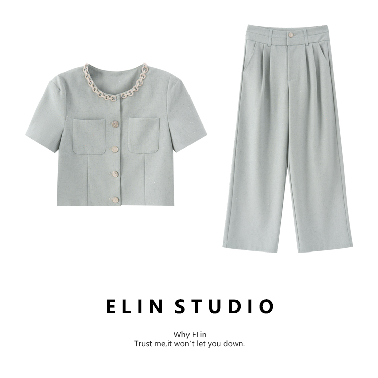 ELIN/现货【静奢时光】夏新款气质显瘦百搭轻奢洋气时尚套装#LT856