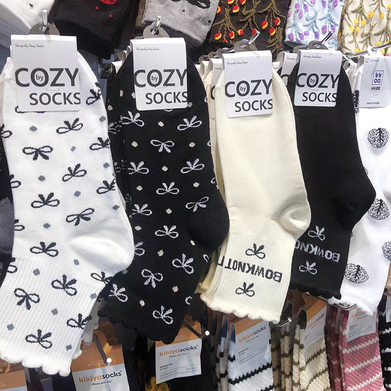 韩国COZY袜子法式甜美蝴蝶结少女袜东大门木耳边中筒棉袜