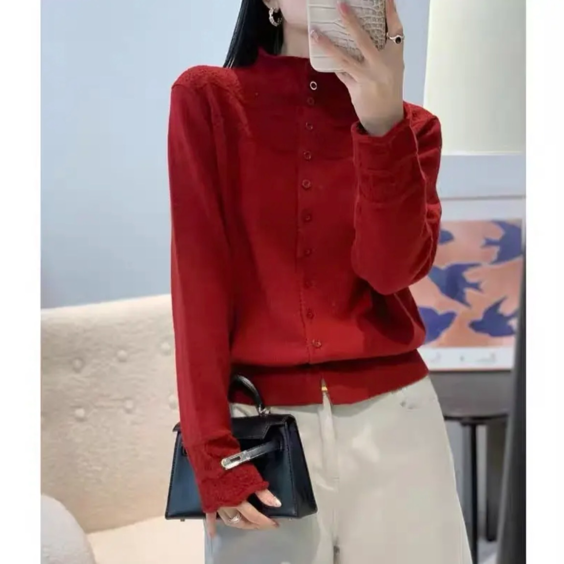 半高领镂空钩花针织开衫女新款秋冬显瘦毛衣外套上衣Z25090