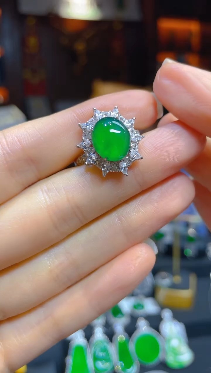 【闪购商品】翡翠戒指银S925镶嵌119727天然A货翡翠戒指