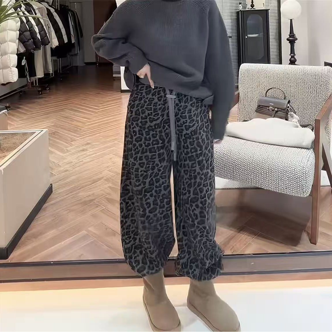 冬季豹纹固色印花休闲裤运动绒裤格子裤百搭