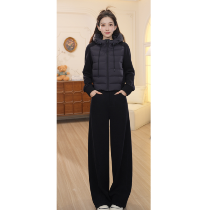 BasicHouse百家好TS秋冬新款90白鸭绒连帽拼接套装DDE91