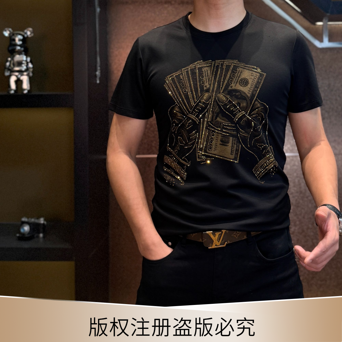 2025数钱夏季黑色半袖印花潮流时尚修身个性轻奢休闲t恤