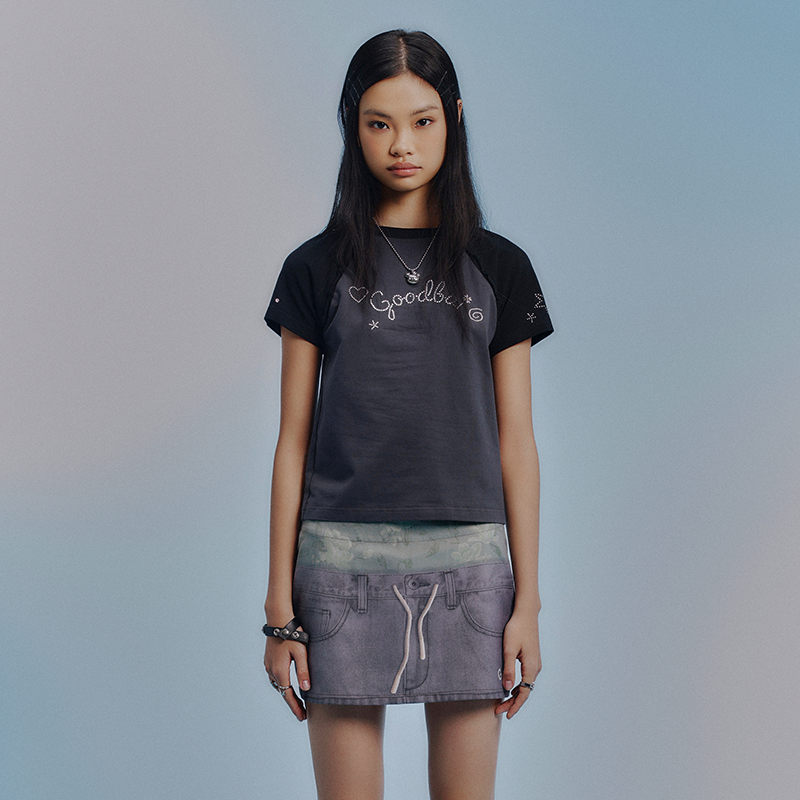 GOODBAI GOODEES烫钻logo拼色插肩短袖T恤