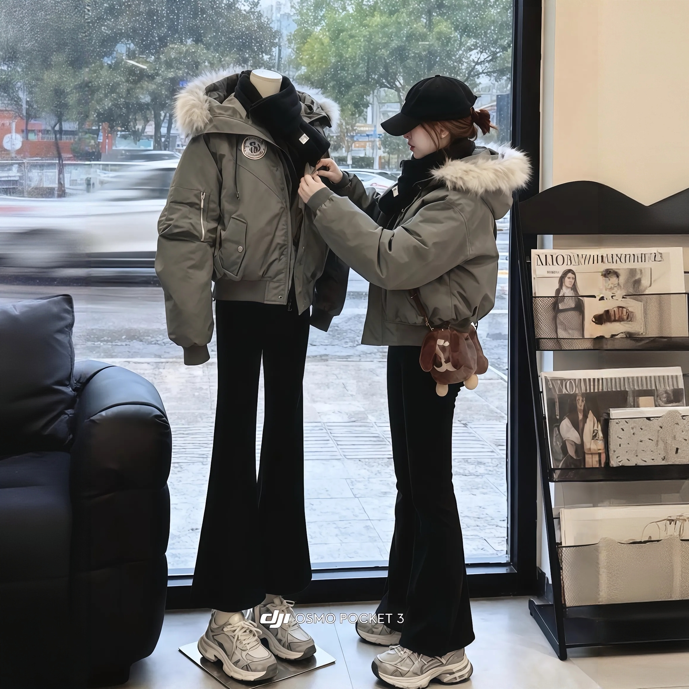 美式复古深灰色派克服女冬季新款连帽大毛领羽绒棉服女棉衣外套