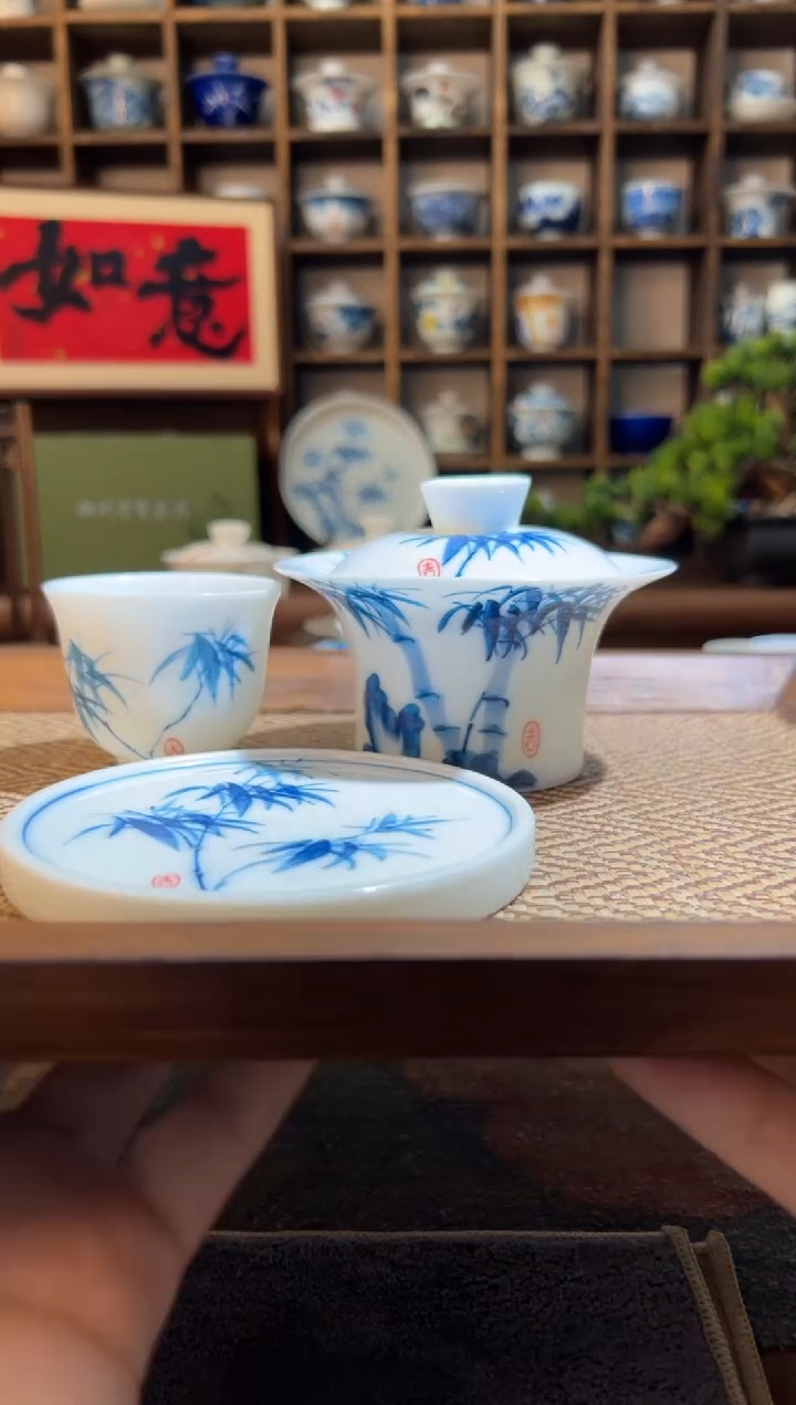 【闪购商品】手绘竹子马蹄盖碗+送主人杯+送盖置