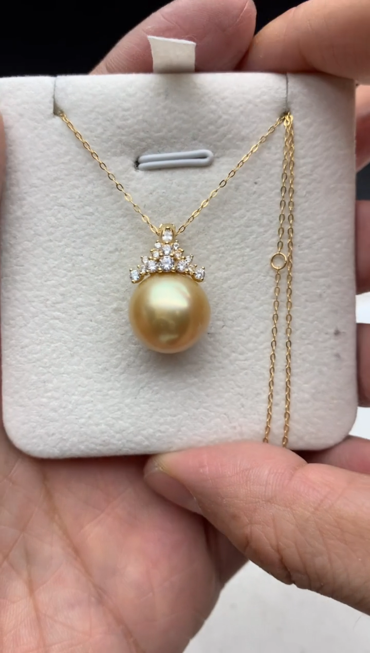 银S925镶嵌ff海水珍珠金珠吊坠(赠链）13~14mm