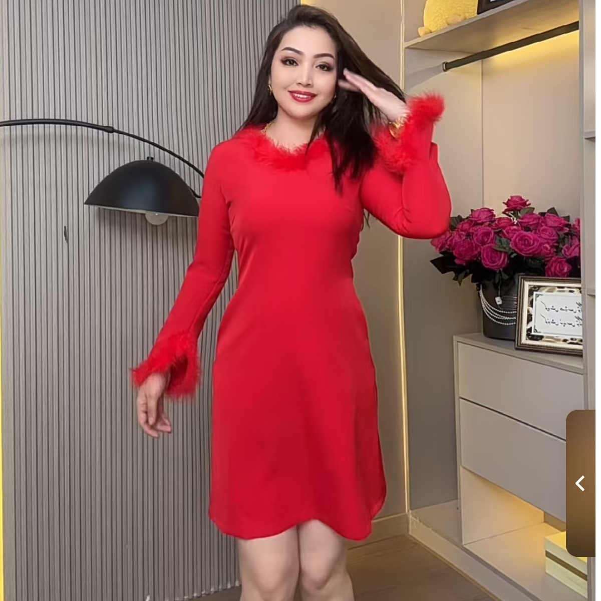 带毛时尚独特连衣裙气质显瘦长袖网红针织百搭红色中长款修身