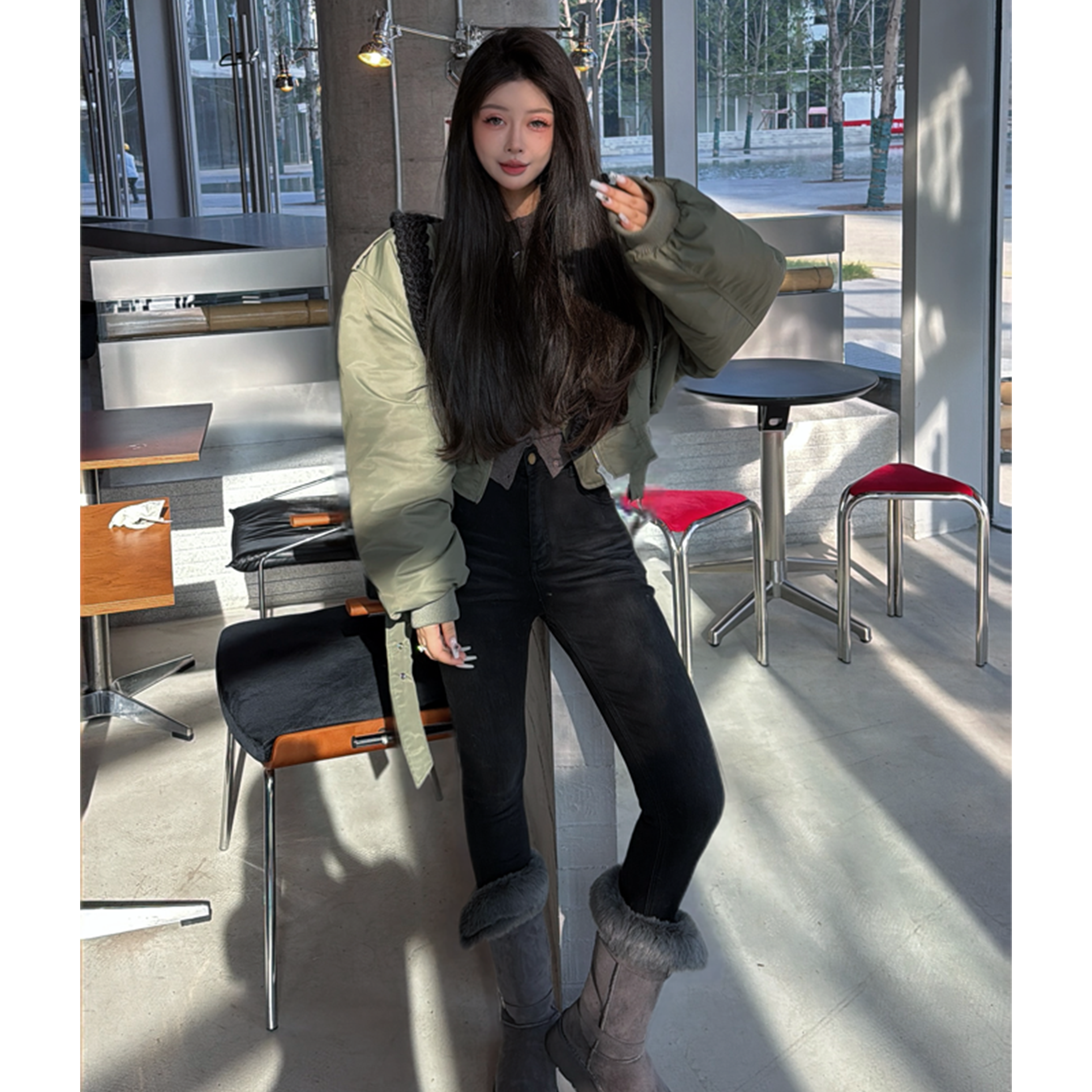 21DEGREES 军绿色短款袄子外套灰咖色针织开衫黑色修身小脚裤