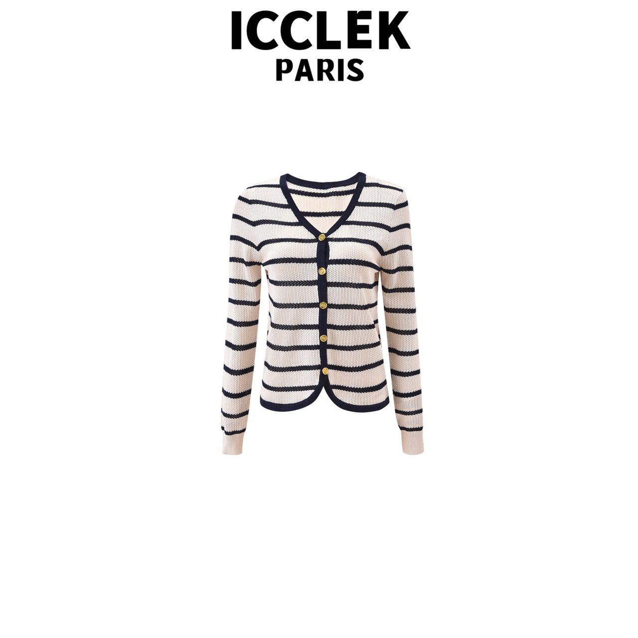 XY 黑白条纹V领条纹针织长袖开衫气质轻奢百搭秋冬上衣- 5880