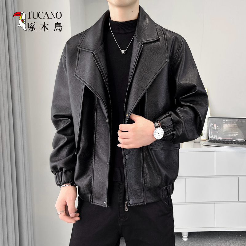 啄木鸟啄木鸟男士春秋冬软皮皮衣男身韩版时尚百搭皮夹克外套8805